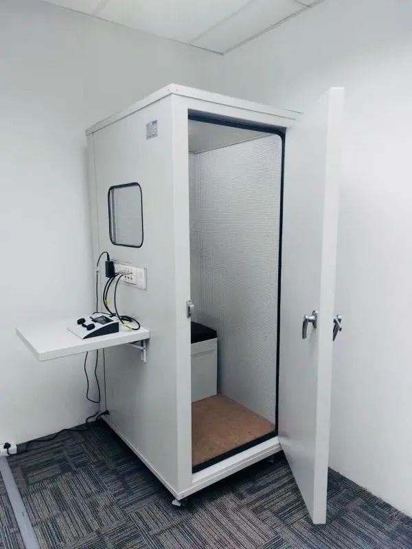 Sound-proof audiometry booth for hearing tests
